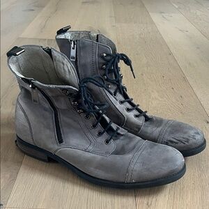 John Varvatos Gray Leather Lace-Up Combat Boots with Dual Zippers